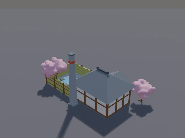 Sakura Public Bathhouse: a low-poly public bathhouse: a wooden bathhouse with a tall chimney and a curtain over the entrance, an outdoor stone hot spring pool ringed with…