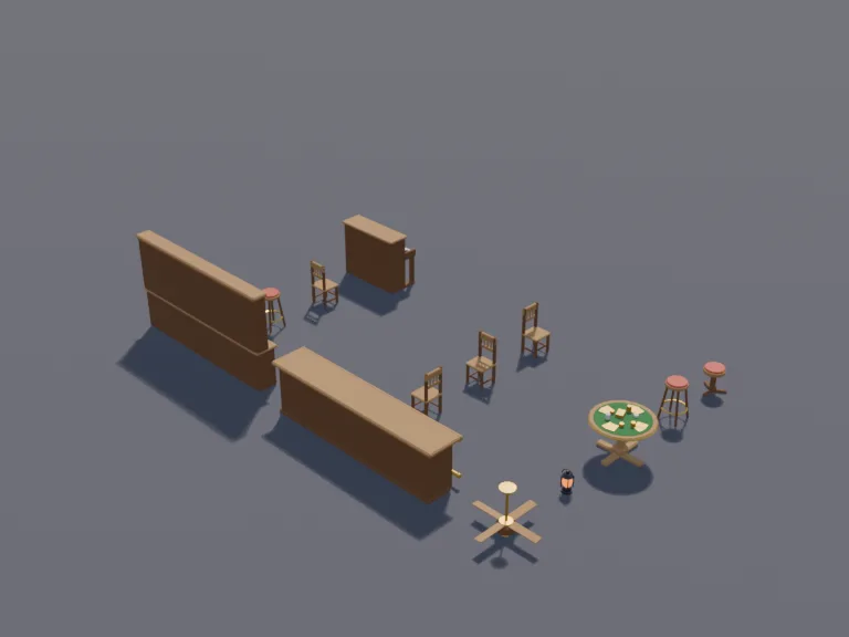 Saloon Interior Set: a low-poly saloon interior set: a round card table with a green felt top and blank cards, four wooden chairs, an upright piano with a stool, a long bar…