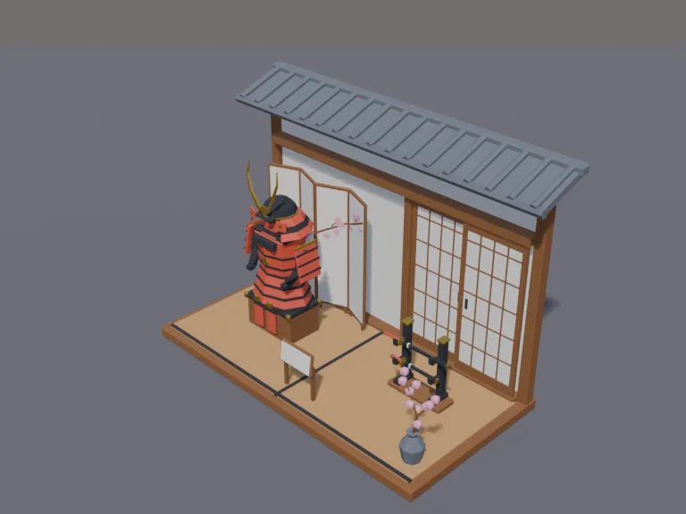 Samurai Armour Display: a low-poly samurai armour display: a full suit of red and black lacquered armour on a wooden stand with a horned helmet and face mask, a katana and…