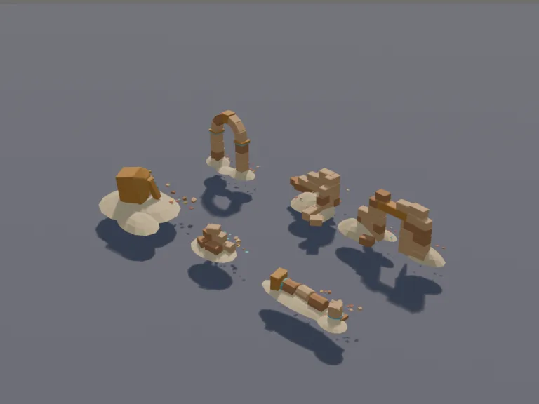 Sandstone Ruin Kit: a low-poly sandstone ruin kit: a broken wall section with a doorway, a crumbled corner, a standing archway, a toppled column, a pile of sandstone blocks and…