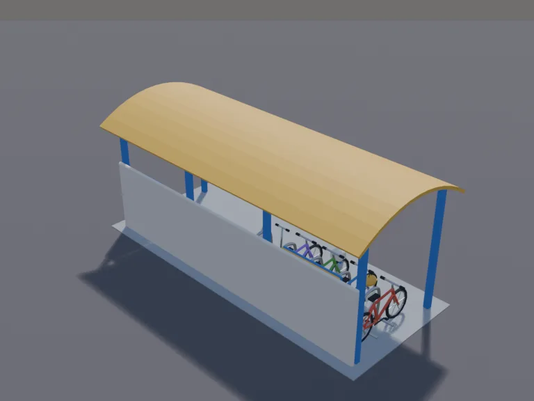 School Bike Shed: a low-poly school bike shed: a covered metal shelter with a curved roof, a long bike rack with four colourful bicycles, a scooter, a helmet hanging from a…