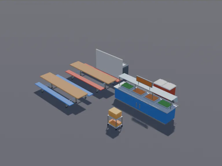 School Cafeteria Set: a low-poly school cafeteria set: two long lunch tables with attached benches, a serving counter with trays of food under a sneeze guard, a stack of lunch…