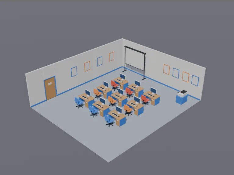 School Computer Lab: a low-poly computer lab set: three rows of desks with computers showing blank screens, keyboards and mice, swivel chairs, a printer on a stand and a…