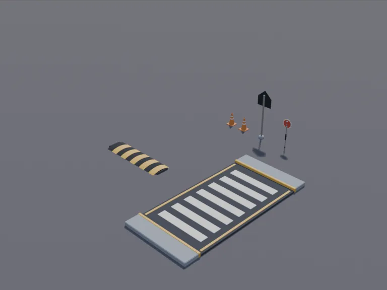 School Crossing Set: a low-poly school crossing set: a striped crosswalk section, a crossing guard's hand-held stop sign, a school zone warning sign shape left blank, a speed…