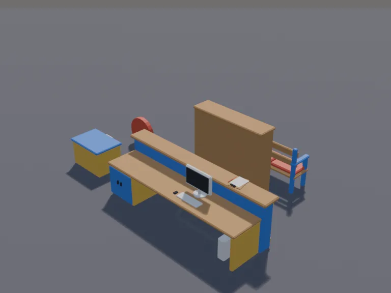 School Front Office Set: a low-poly school front office set: a reception counter with a sign-in clipboard, a computer with a blank screen, mailboxes for teachers, a waiting…