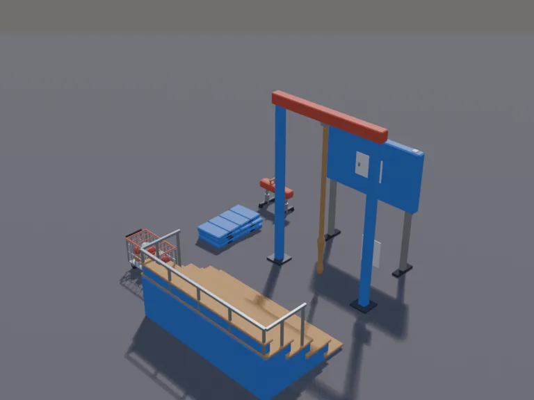 School Gym Set: a low-poly school gym set: a section of pull-out wooden bleachers, a climbing rope hanging from a beam, a rack of balls, a stack of blue gym mats, a pommel…