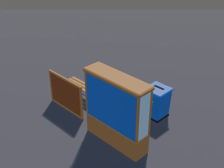 School Hallway Set: a low-poly school hallway set: a drinking fountain on the wall, a glass trophy case with gold cups and medals, a cork bulletin board with blank papers, a…