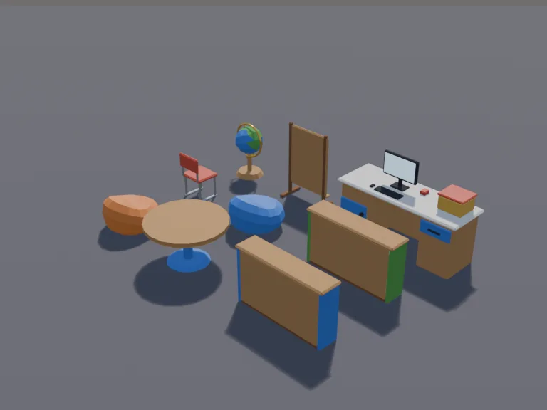 School Library Set: a low-poly school library set: low bookshelves with colourful books, a checkout desk with a computer showing a blank screen, round reading tables with…