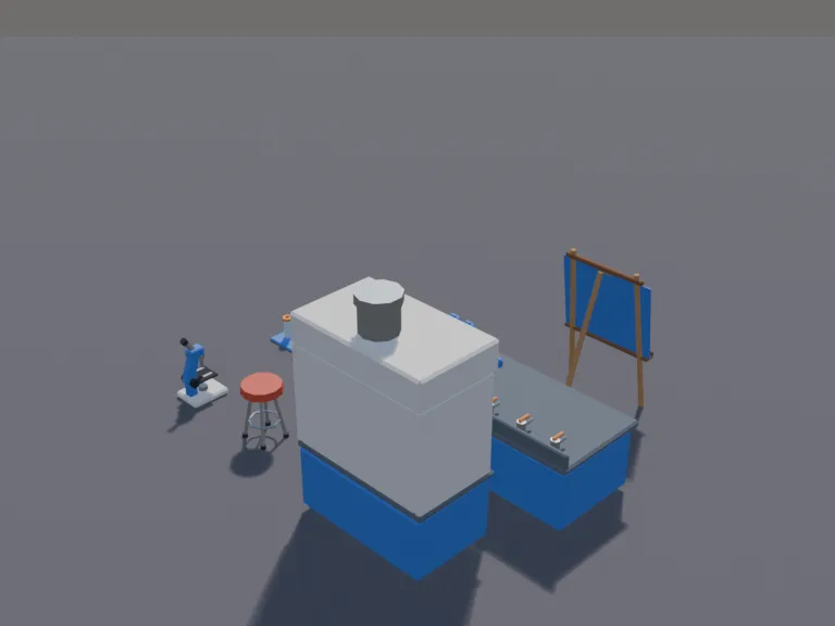 School Science Lab Set: a low-poly science lab set: a lab bench with a sink and gas taps, beakers and test tubes in racks, a microscope, a blank chart on an easel, safety…