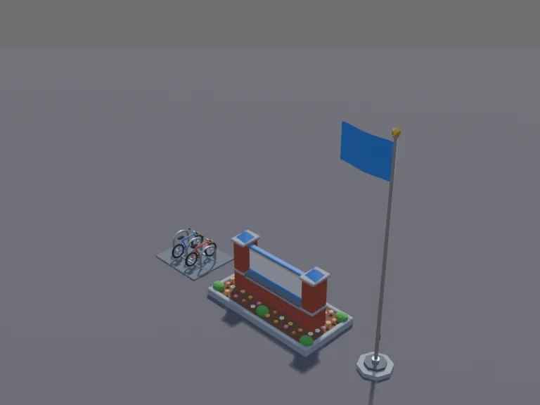 School Sign Set: a low-poly school sign and flagpole set: a brick school sign base with a blank name board, a tall flagpole with a plain flag, a flower bed around the sign and…