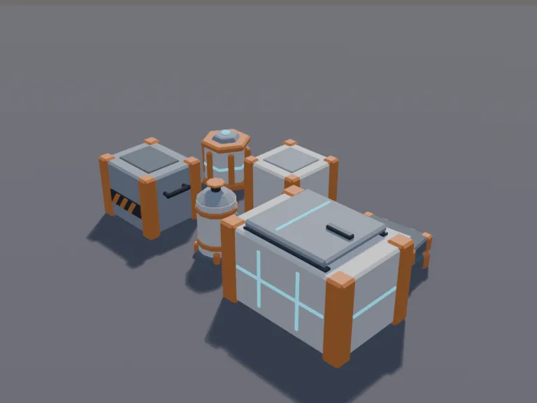 Sci-Fi Cargo Crates: a set of low-poly sci-fi cargo crates: a large hard-shell container with glowing blue seams and a sliding lid that is its own part, a medium crate with…