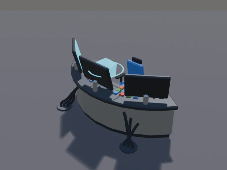 Sci-Fi Command Console: a low-poly sci-fi command console: a curved desk with three angled screens showing blank glowing panels, rows of buttons and sliders in red, green and…