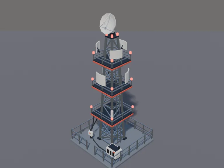 Sci-Fi Comms Tower: a low-poly sci-fi communications tower: a tall lattice mast with three stacked platforms, blinking red lights at each level, curved antenna arrays, a radar…