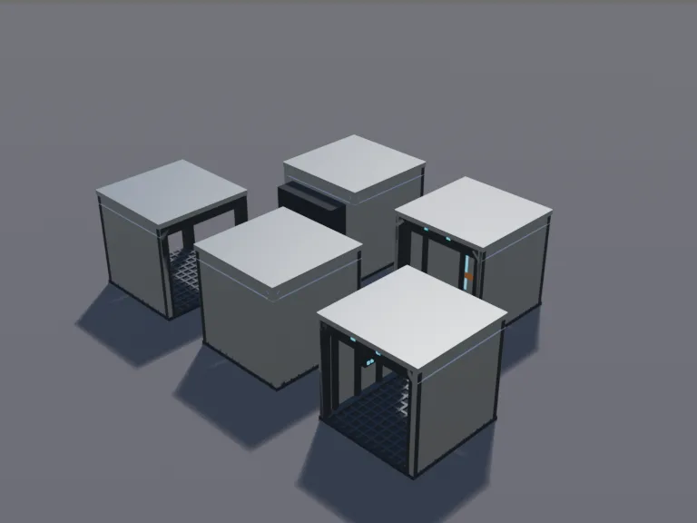 Sci-Fi Corridor Kit: a low-poly sci-fi corridor kit that snaps together on a grid: a straight corridor section with ribbed walls, glowing ceiling light strips and floor…