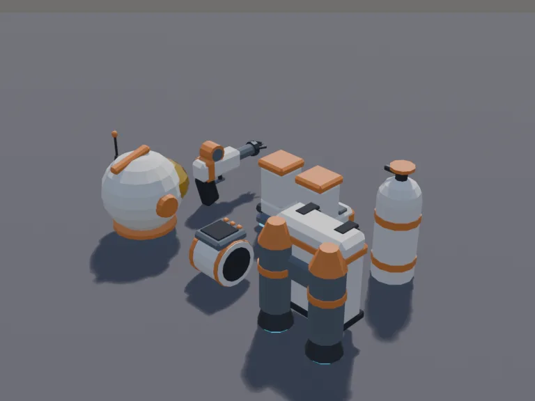 Sci-Fi Gear Set: a set of low-poly sci-fi gear: a jetpack with two thrusters and glowing blue nozzles, a space helmet with a reflective visor, a pair of hover boots with…