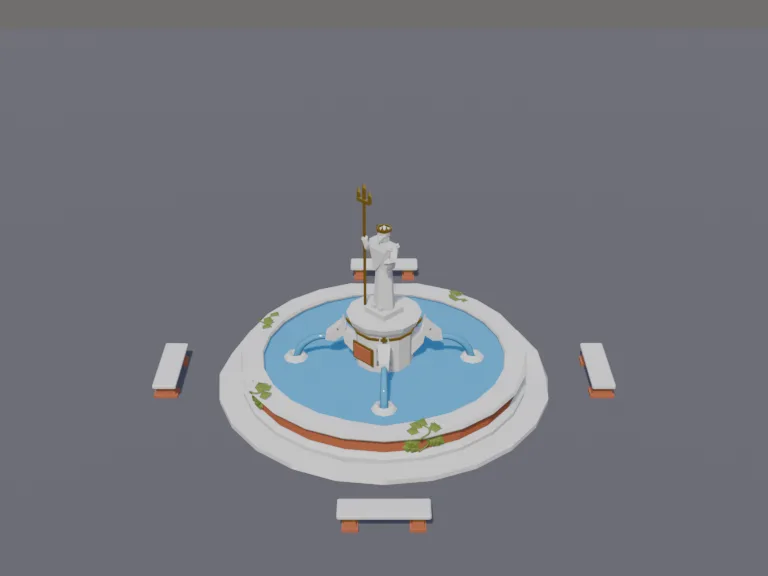 Sea God Fountain: a low-poly city fountain: a large round marble fountain with a statue of a sea god holding a trident in the middle, water pouring from horse heads into the…