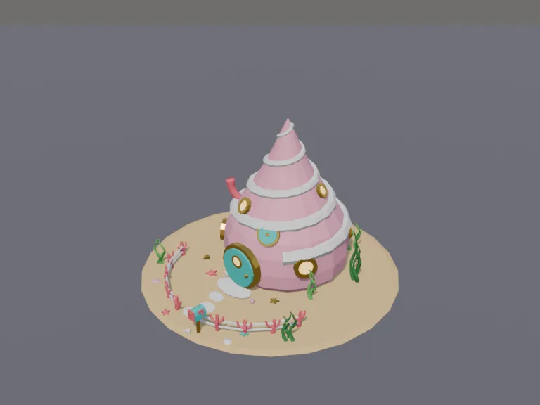 Seashell Undersea House: a low-poly undersea house: a cosy home made from a giant spiral seashell with round windows, a round door that is its own part, a little coral garden…