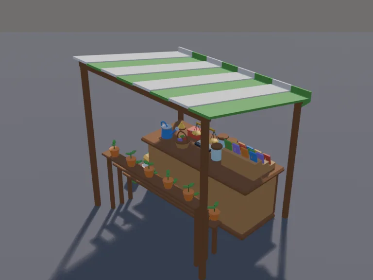 Seed Shop Counter: a low-poly seed shop counter: a wooden counter with rows of small seed packets in bright colours, jars of seeds, a set of scales, bags of soil and fertiliser…