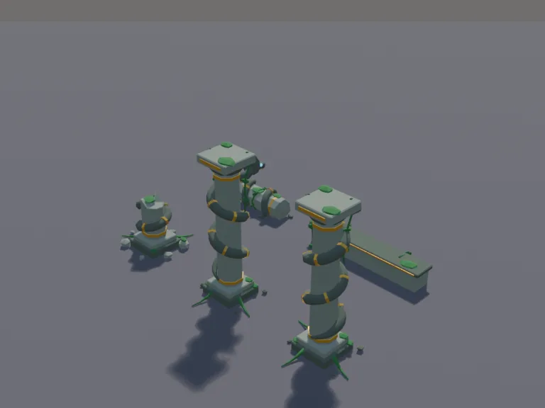 Serpent Temple Pillars: a low-poly serpent pillar set: two tall stone pillars wrapped in carved snakes with jewelled eyes, a broken pillar, a fallen pillar section and a carved…