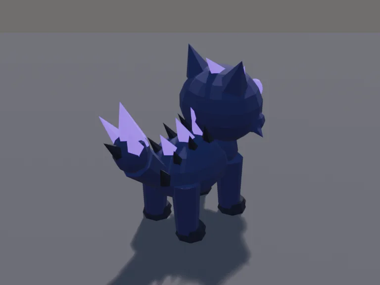 Shadow Wolf Pet: a cute chunky low-poly shadow wolf pet: a dark smoky body, glowing purple eyes, wispy flame-like fur on its back and tail, and pointed ears.