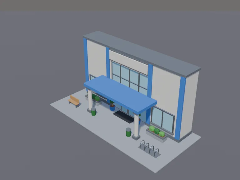 Shopping Mall Entrance: a low-poly shopping mall entrance: a canopy, a blank sign band, columns, planters and a bike rack.
