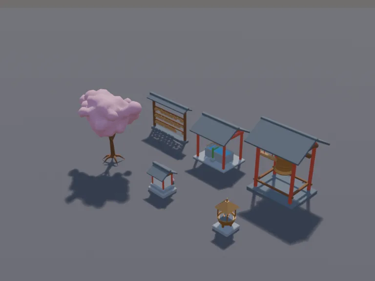 Shrine Courtyard Set: a low-poly shrine courtyard set: a big bronze temple bell in a wooden frame with a swinging striker log that is its own part, a wall of small wooden wish…