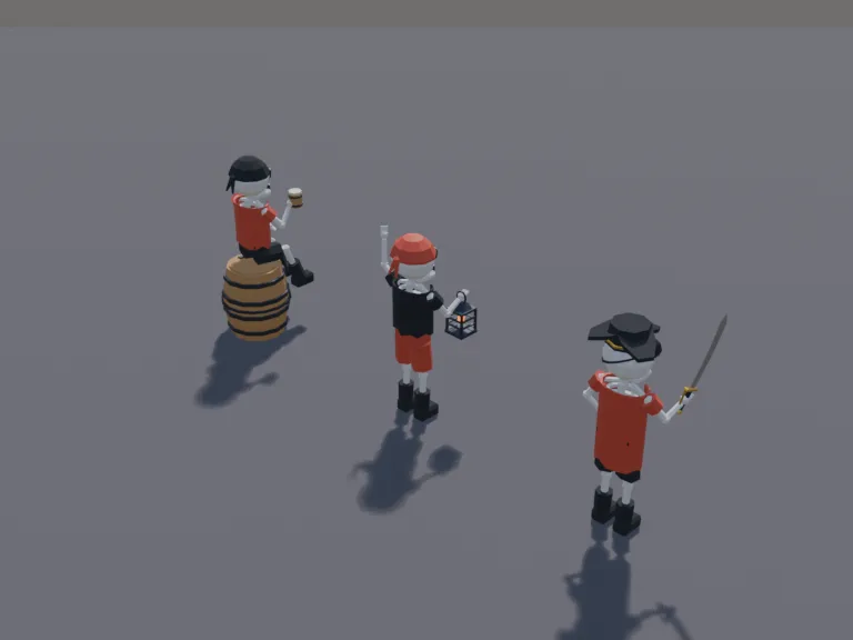 Skeleton Pirate Crew: a low-poly skeleton pirate crew: three cartoon skeletons in torn pirate clothes, one with a cutlass, one with a lantern and one sitting on a barrel,…