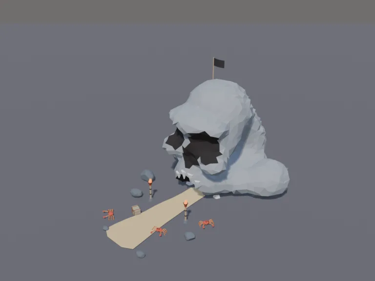 Skull Rock Cave: a low-poly skull rock cave: a big grey sea cliff worn by waves into the shape of a skull, a dark cave mouth as its doorway, a sandy path leading, a torch on…