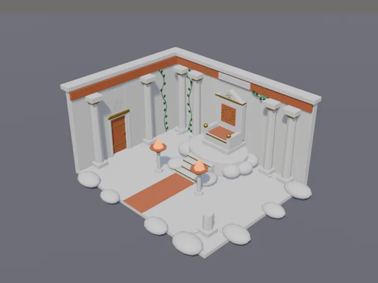 Sky Palace Throne: a low-poly sky palace throne: a grand white marble throne on a platform of soft rounded marble cloud shapes, golden laurel decorations, two flaming bowls and…