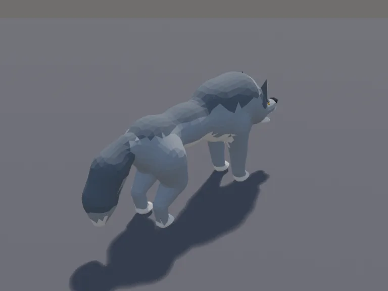 Snarling Grey Wolf: a low-poly grey wolf: a lean adult wolf with thick grey fur, a white chest, pointed ears, golden eyes and a bushy tail, standing with its head lowered in a…