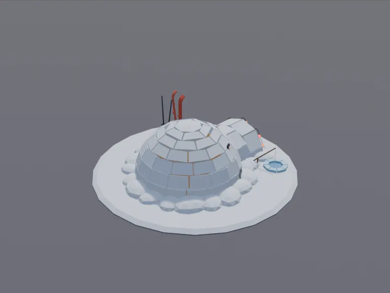 Snowy Igloo Camp: a low-poly igloo: a dome of carved snow blocks with visible seams, a short tunnel entrance at the front with a rounded opening, a warm orange glow coming from…