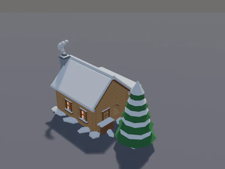 Snowy Log Cabin: a low-poly snowy log cabin: stacked log walls, a steep roof thick with snow and icicles hanging along its eaves, a stone chimney with a curl of smoke, warm…