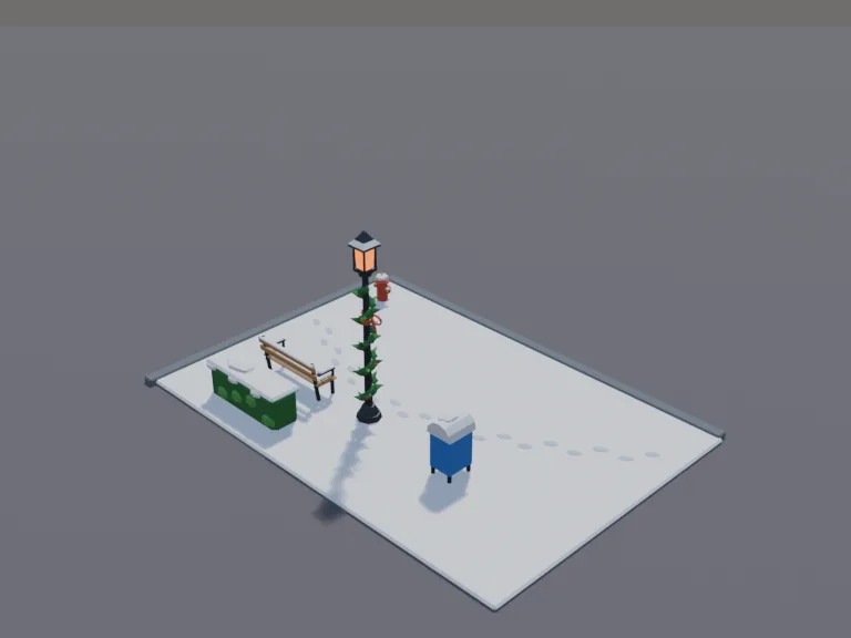 Snowy Town Corner: a low-poly snowy town corner set: a black iron street lamp with a warm glowing lantern and a pine garland wound around its post, a park bench dusted with…