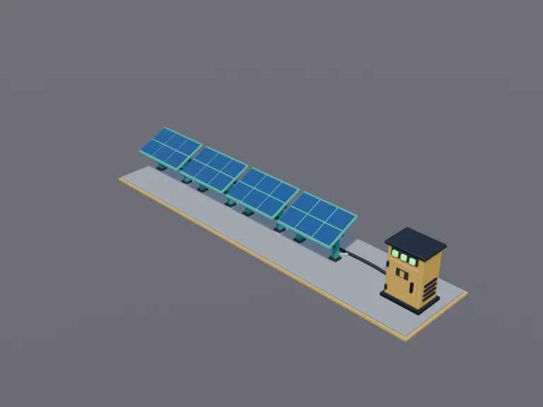 Solar Panel Array: a low-poly solar panel array: a battery cabinet with blinking lights, and cables running between them, all on a small concrete pad.