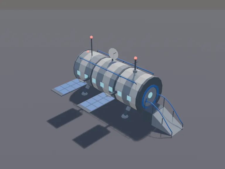 Space Habitat Module: a low-poly space station habitat module: a long cylindrical hull of white and grey panels, a round airlock door at one end that is its own part, a ring of…