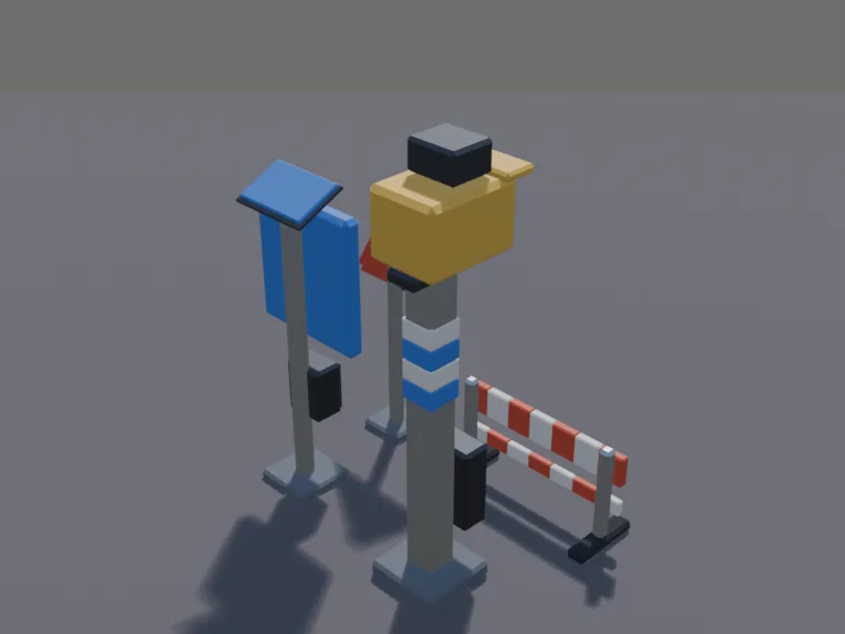 Speed Camera Set: a radar speed sign on a pole with blank digits, a short striped barrier and a warning sign shape left blank.