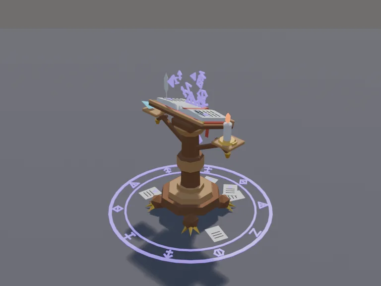 Spellbook Lectern: a low-poly spellbook lectern: a carved wooden stand on claw feet, a huge open spellbook with glowing purple runes floating up off its pages, a red ribbon…