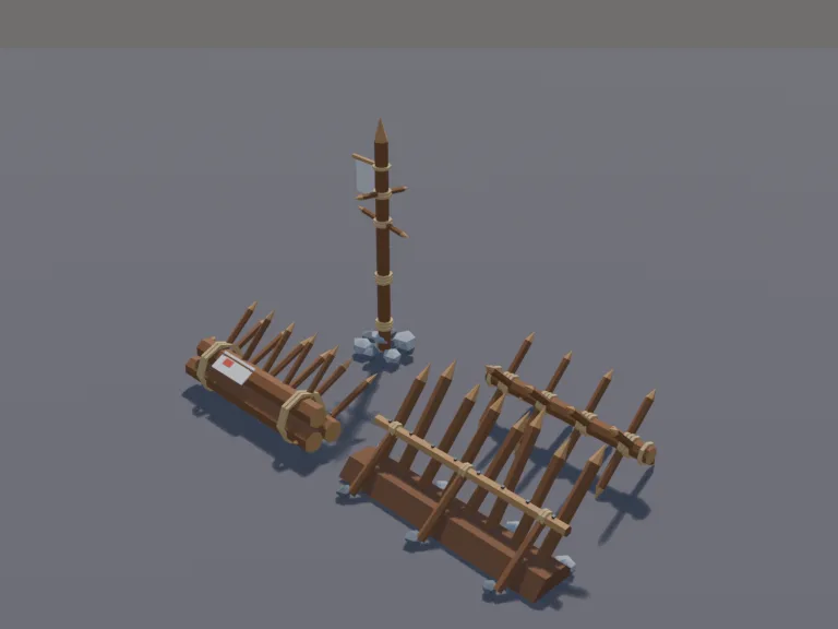 Spike Defence Set: a low-poly wooden spike defence set: a row of angled sharpened stakes, a cheval-de-frise cross of spikes, a spiked log barricade and a single tall spike…