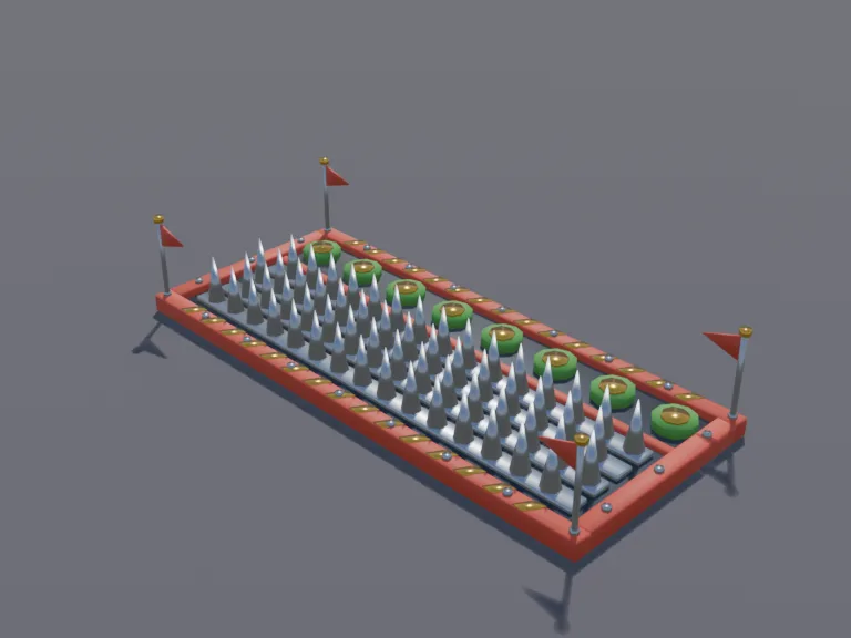Spike Strip Obstacle: a low-poly spike strip obstacle: a long metal floor plate lined with rows of silver spikes, a red warning border around it.
