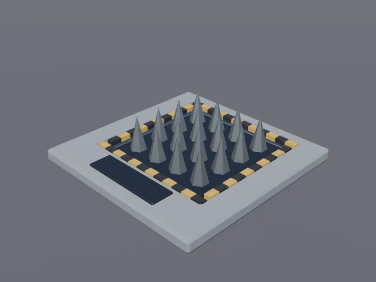 Spike Trap Tile: a low-poly spike trap tile: a square stone floor tile with rows, a pressure plate in front, and small warning stripes on its edges.