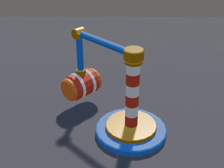 Spinning Hammer Obstacle: a low-poly spinning hammer obstacle: a striped post on a round base, a long arm and a big padded hammer head on the end.