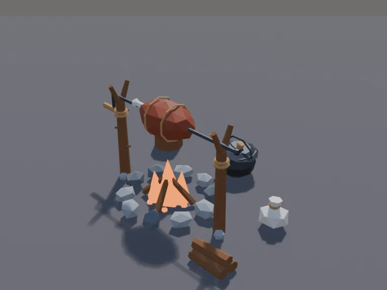Spit Roast Camp: a low-poly spit-roast cooking station: two forked posts holding a spit over a fire pit, a roasting chunk of meat on the spit with a crank handle that is its…