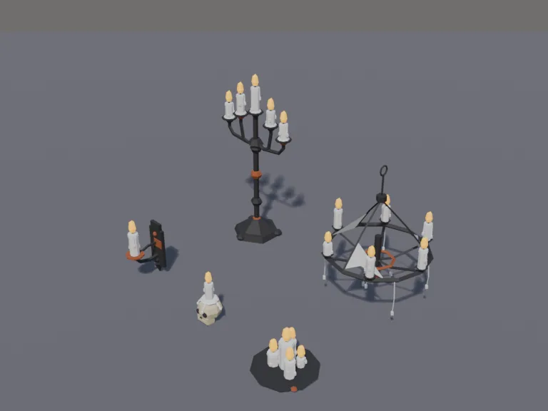 Spooky Candle Lights: a set of low-poly spooky lights: a tall floor candelabra with five dripping candles, a hanging iron chandelier with a ring of candles and dangling…