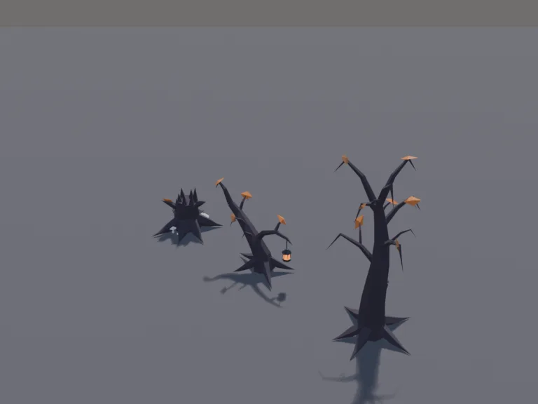 Spooky Dead Trees: a set of three low-poly spooky dead trees: a tall twisted tree with bare, clawing branches and a hollow knot shaped like a face, a short gnarled tree bent…
