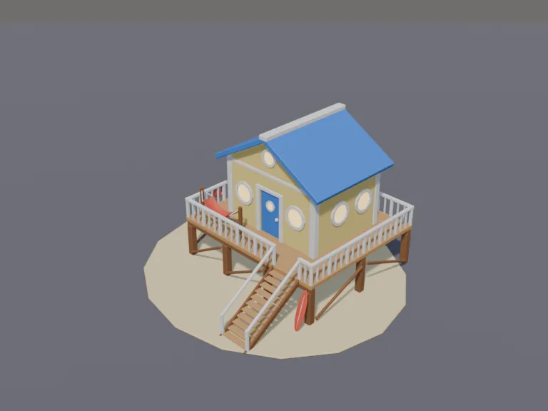 Stilt Beach House: a low-poly beach house on stilts: a pastel yellow wooden house raised on posts, a wraparound deck with a rail, stairs down to the sand, a blue roof, round…