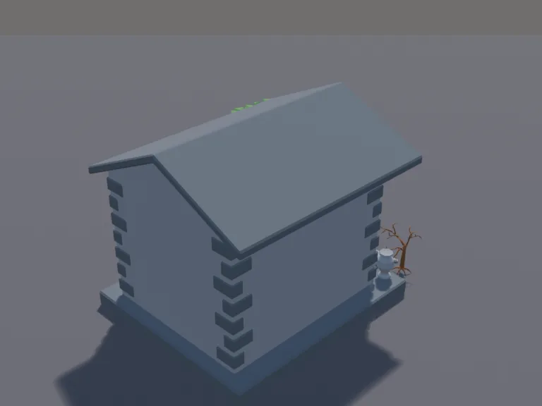 Stone Crypt: a low-poly stone crypt: a small mausoleum with a peaked roof, two columns flanking a heavy iron door that is its own part, a round stained-glass window above it,…