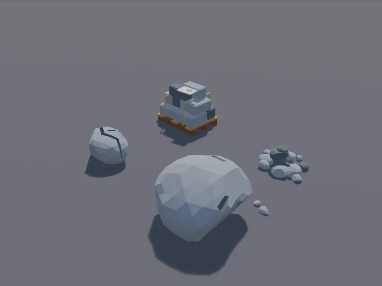 Stone Mining Resources: a low-poly stone resource set: a big grey boulder with pickaxe marks, a smaller cracked rock, a pile of loose stones and a stack of cut stone blocks,…