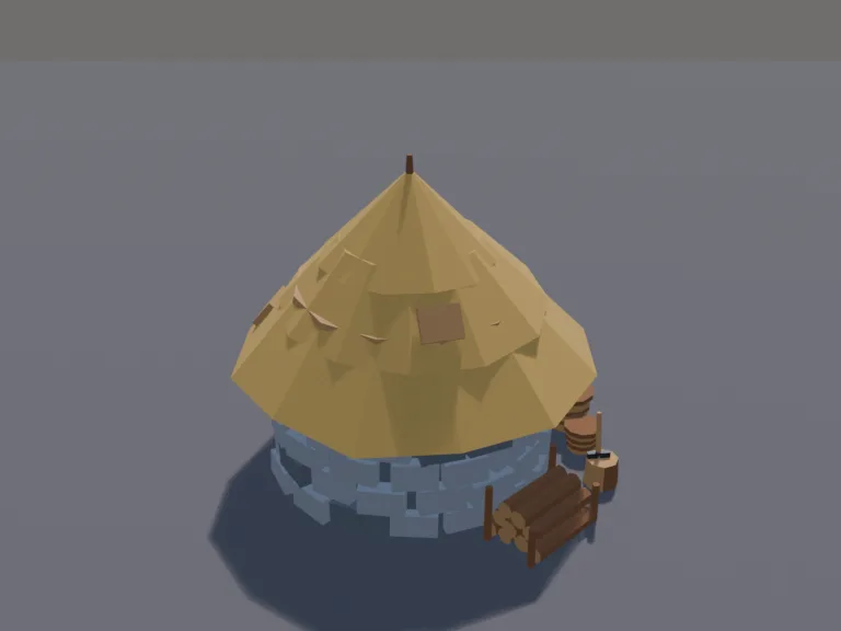 Stone Storage Hut: a low-poly storage hut: a small round hut with stacked stone walls and a thatched conical roof, a wooden door that is its own part, sacks and baskets stacked…