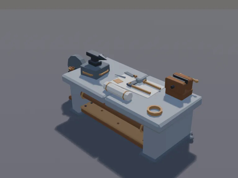 Stone Survival Workbench: a low-poly stone workbench: a heavy table built of stone slabs, a vice and an anvil block on top, a grinding wheel on one side and a shelf of…