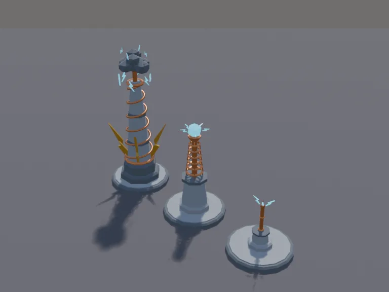 Storm Tower Upgrades: a low-poly storm tower in three upgrade levels, side by side: a copper rod on a stone base with small sparks, a taller tower with a coil of copper rings…